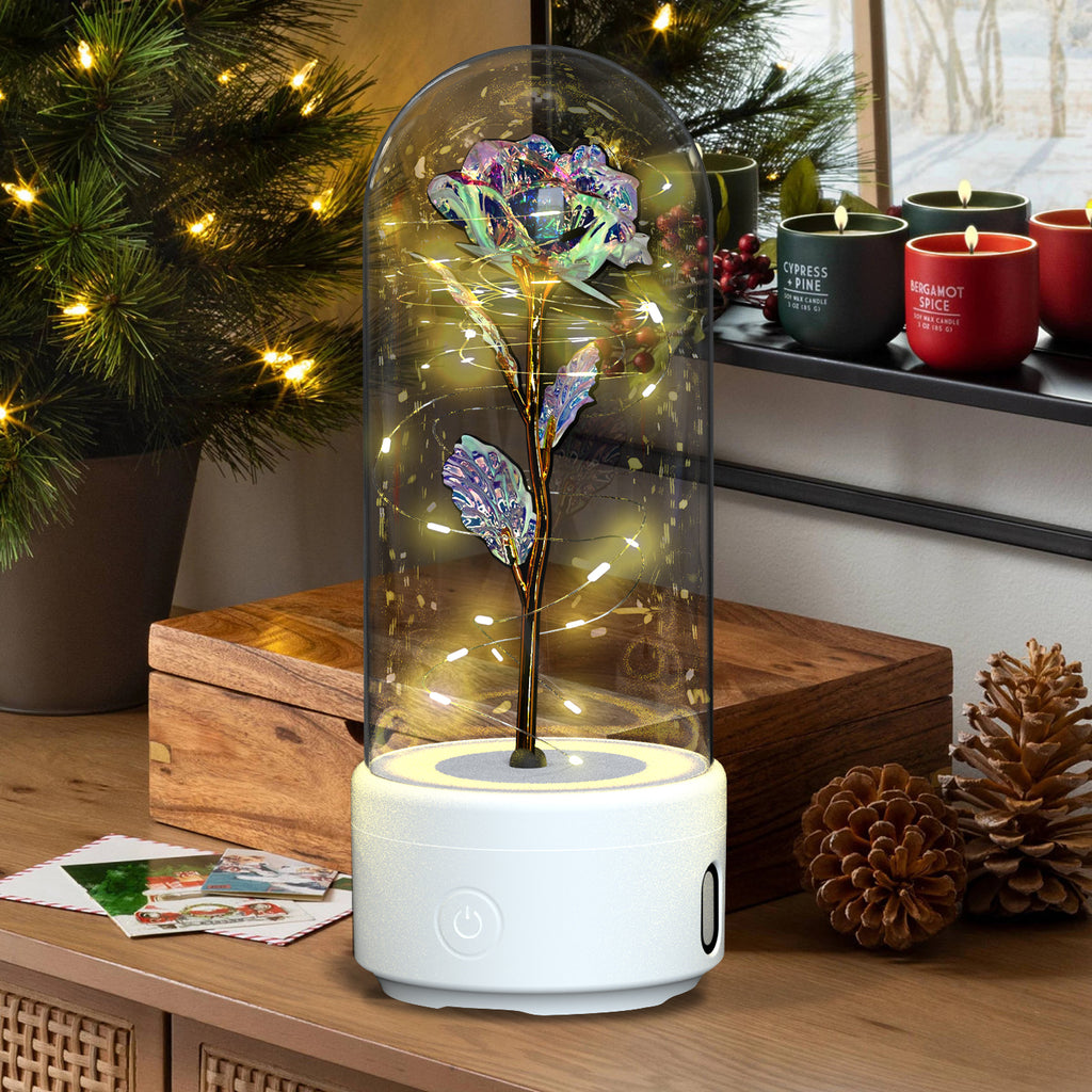 2 In 1 Rose Flowers LED Light And Bluetooth-compatible Speaker| Gift Rose Luminous Night Light Ornament In Glass Cover